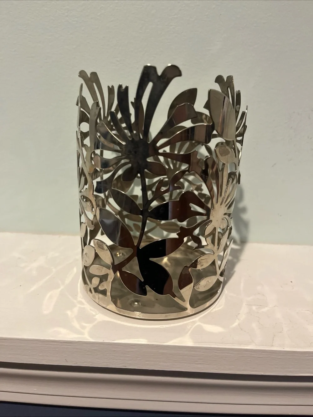 Bath & Body Works Round Silver 3-Wick Floral Flower Candle Holder - 6” Tall